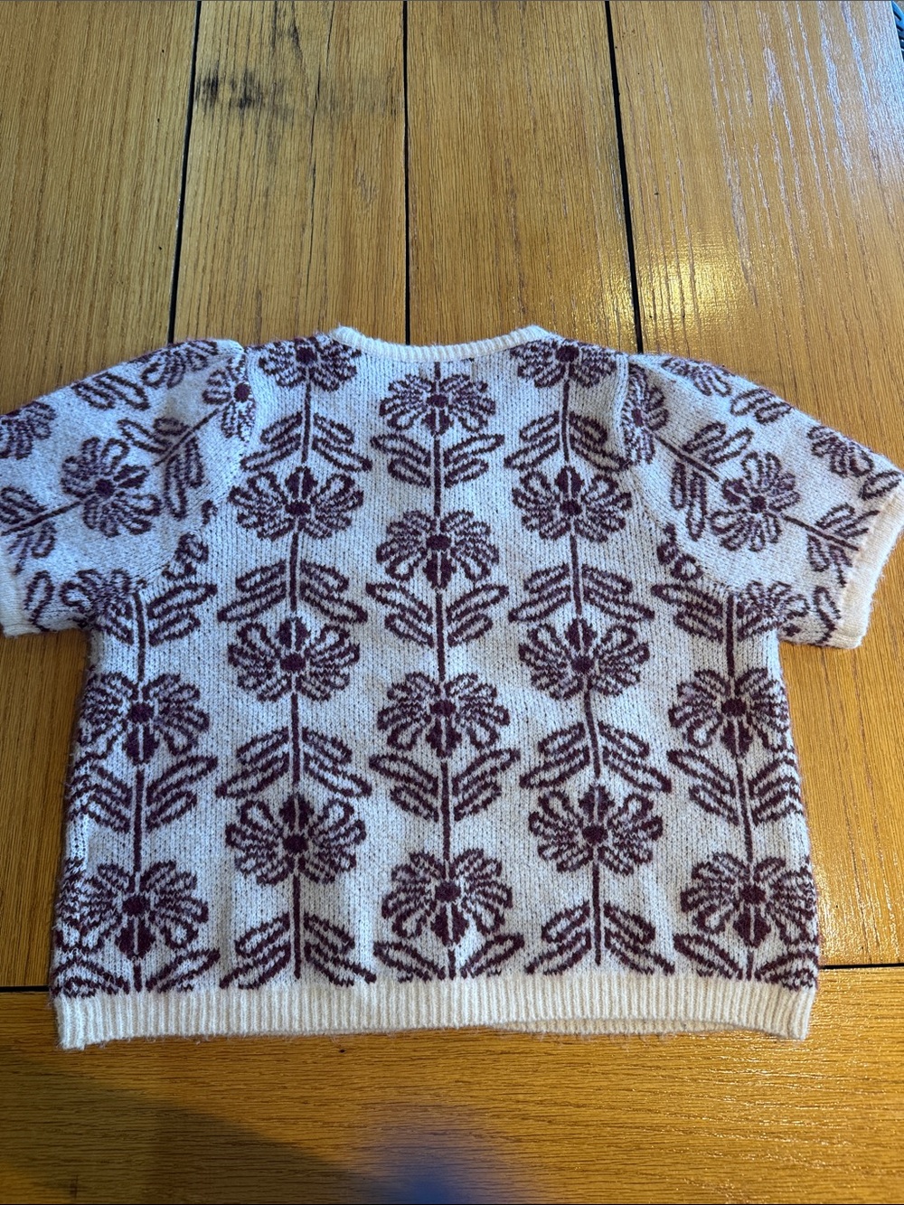 Short-Sleeve Floral Knit Cardigan - Cream & burgundy - Picture 2 of 5